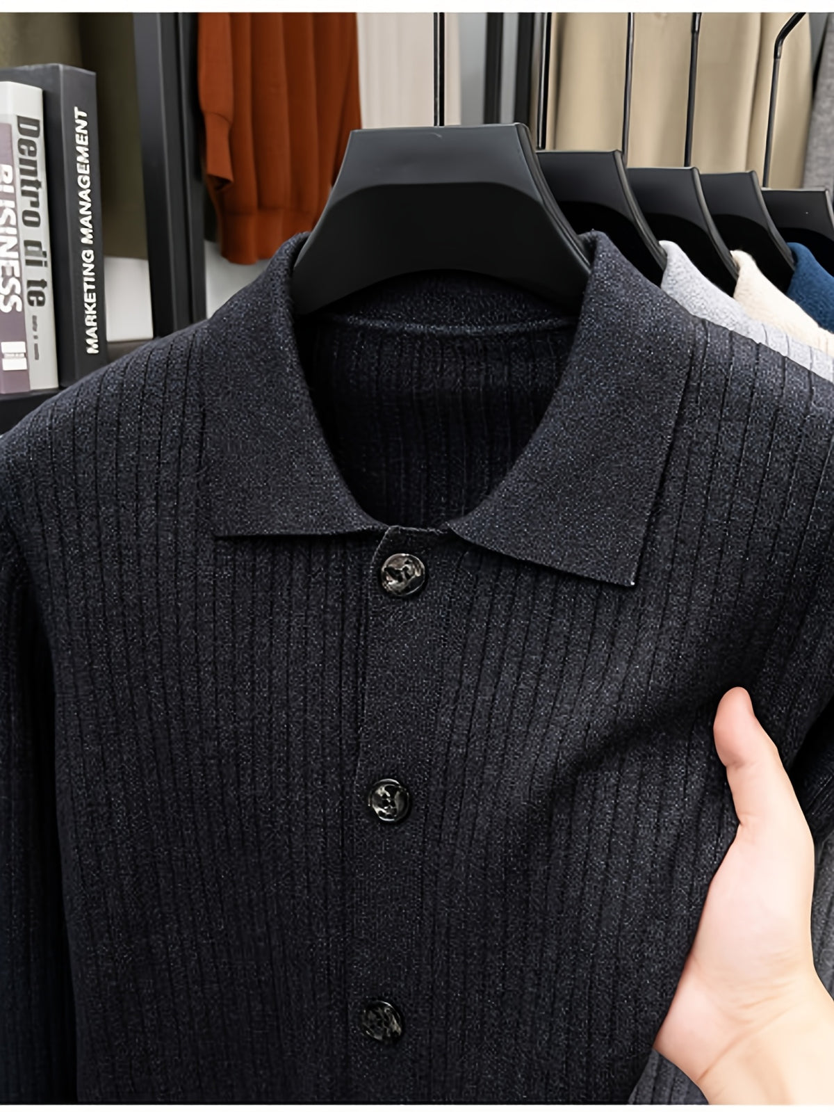 [Starry Prosperity] Autumn Winter Men'S Knit Solid Color Ribbed Open Cardigan Long Sleeve Casual Vertical Striped Lapel Sweater Jacket - Black Gray