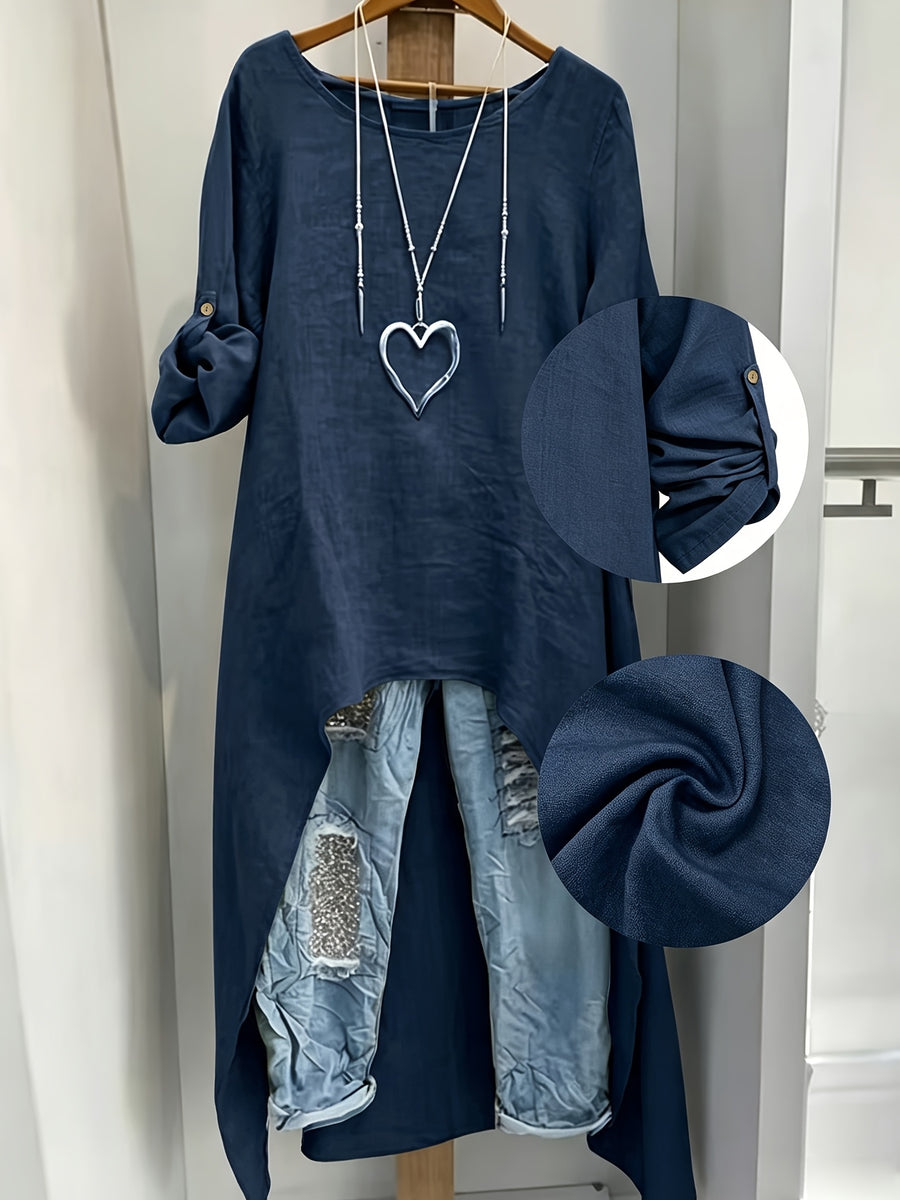 Women' Elegant Asymmetric Oversized Shirt - Loose Fit Long Sleeve Round Neck Blouse with Short Front & Extended Back Length, Layering Piece Suitable for Spring/Fall, Casual to Dressy Wear (No Stretch) - Navy Color