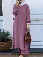 Eid | Elegant Front Button Autumn-Winter 2pcs Jilbab Set | Plain Front Button Abaya Women Modest + Loose Wide Leg Pants | Banquet, Date, Urban Commute - Fuchsia