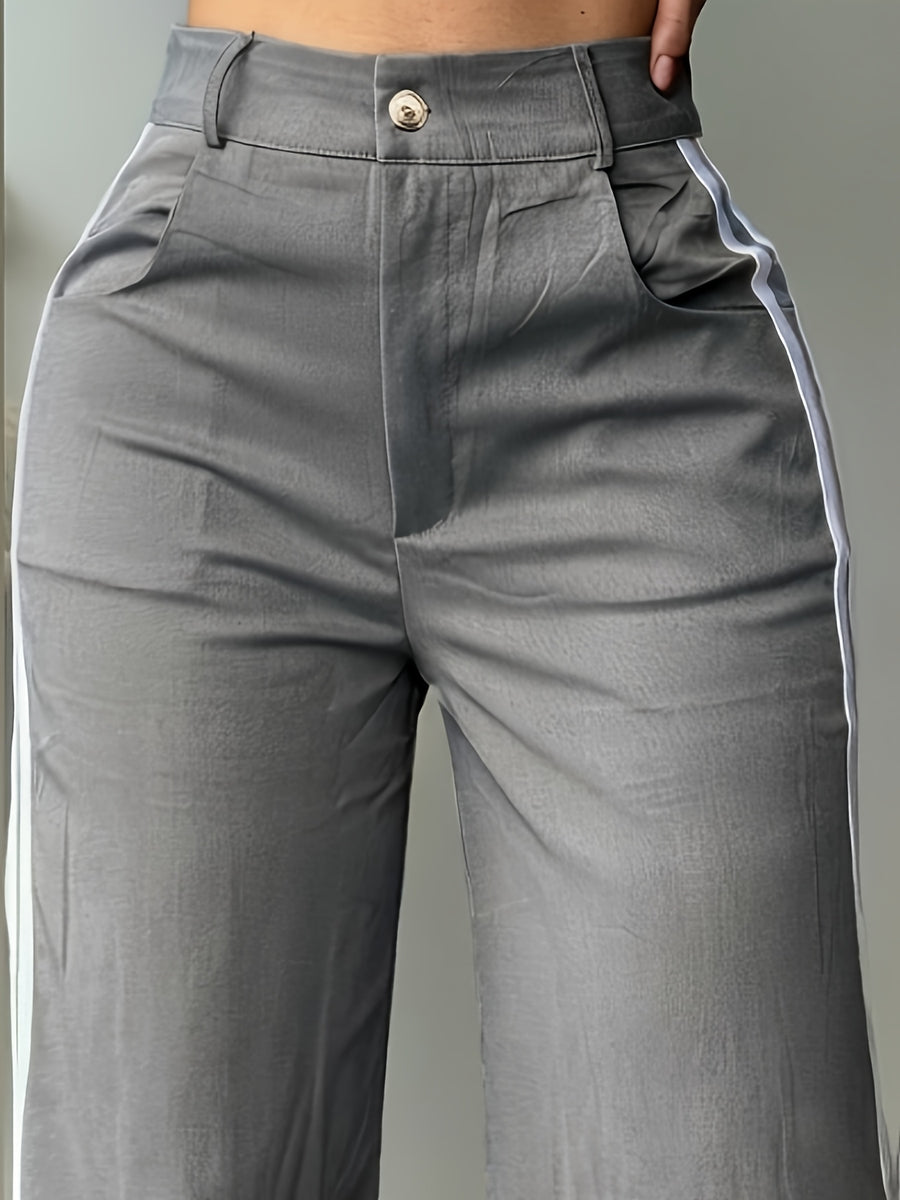 Spring and Autumn Women's Long Pants, Wide-Leg Pants with White Side Stripes, Vintage Fashionable Pants for a Tall and Look, Casual Trousers - Grey