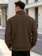 Men's Corduroy Full-Zip Stand Collar Jacket, Soft Vertical Rib Texture Corduroy Casual Full-Zip Outerwear, Ribbed Cuffs and Hem, Side Insert Pockets, Loose Fit Cut, Lightweight and Warm Jacket, Suitable for Autumn/Winter Daily Wear, Street Outings - Coffee Color