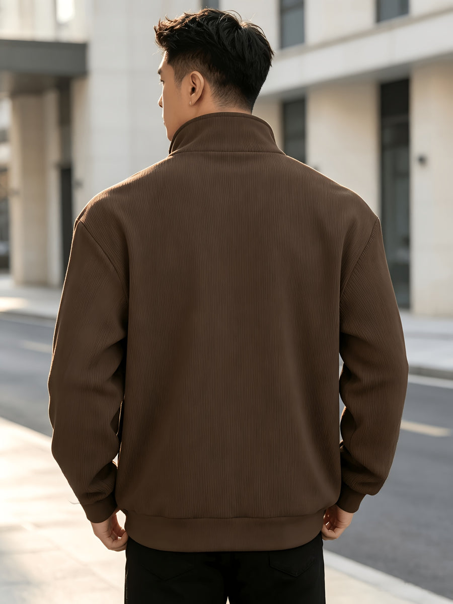 Men's Corduroy Full-Zip Stand Collar Jacket, Soft Vertical Rib Texture Corduroy Casual Full-Zip Outerwear, Ribbed Cuffs and Hem, Side Insert Pockets, Loose Fit Cut, Lightweight and Warm Jacket, Suitable for Autumn/Winter Daily Wear, Street Outings - Coffee Color