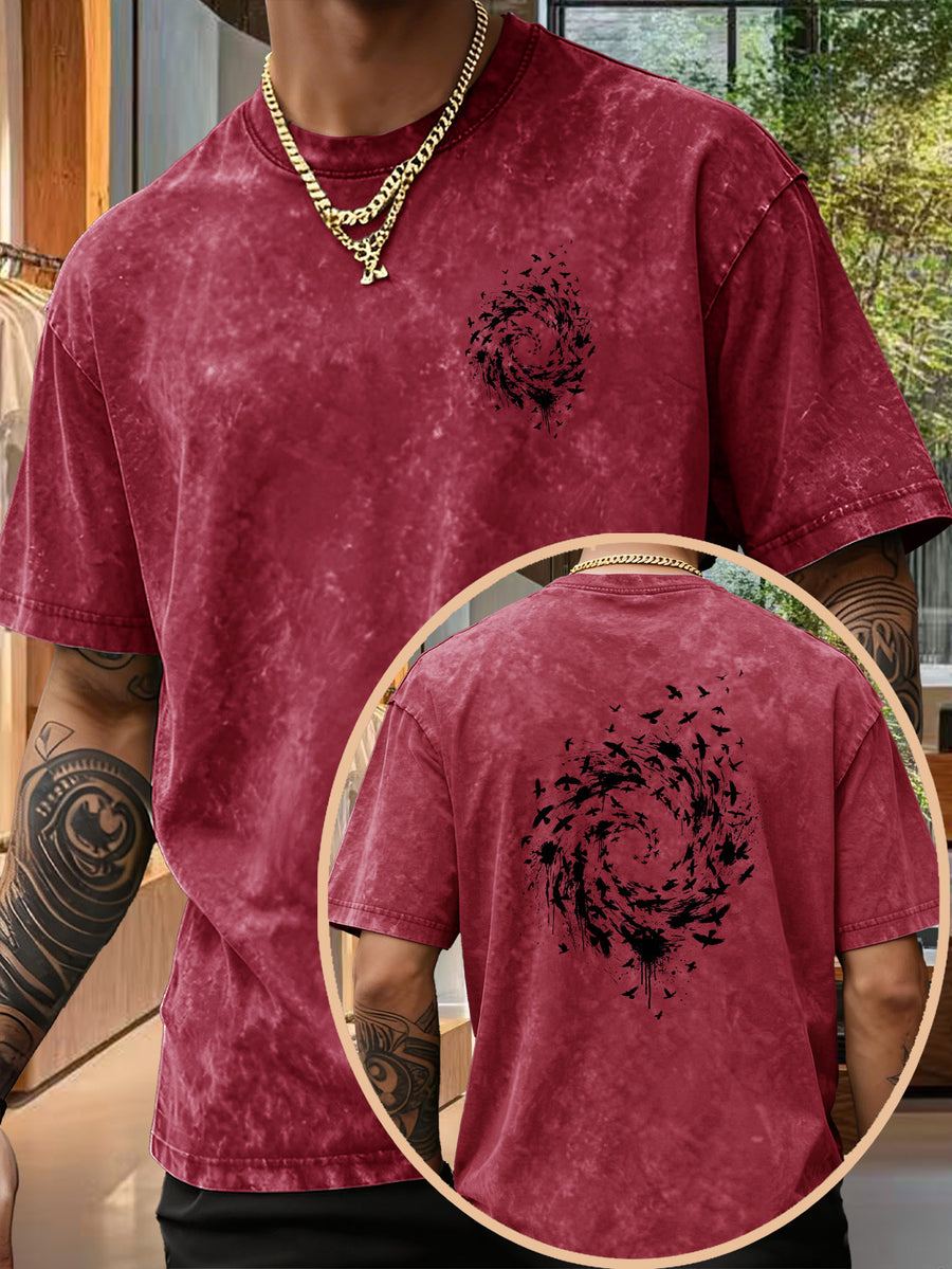 Men's Pure  Short-Sleeve Top with Trendy Double-Sided Print of Flocks of Birds and Spiral Ink Splatter Design, 12 Colors for  Mix-and-Match, Washed Distressed Loose Fit, National Trend Y2K Style for Commuting, Daily Outings, Sports - Burgundy