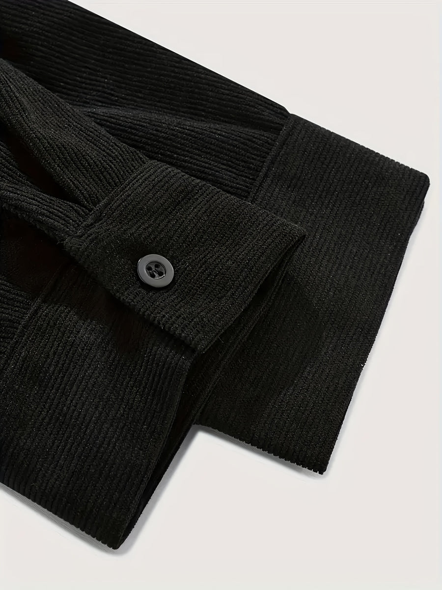 Men's Solid Color Long-Sleeve Shirt, Loose Fit Casual Workwear Jacket, Trendy and Versatile Top, Simple Basic Outerwear, Suitable for Daily Work Scenes - Black