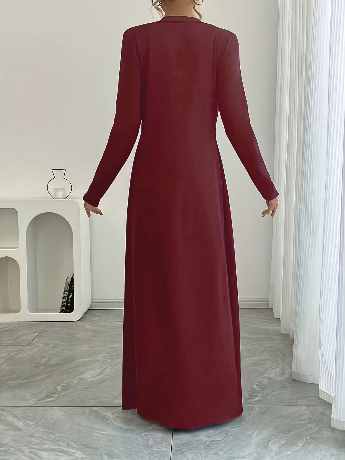 New Spring/Autumn Women's European and American Style Daily Solid Color Long Button-Up Cardigan, Long Sleeve, Slim Fit, Casual Commuter Outerwear - Burgundy