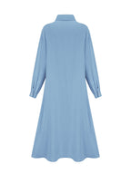 Fashion Women's Pocket Shirt Dress with Chest Gathering, Measured Bust at Back - Blue