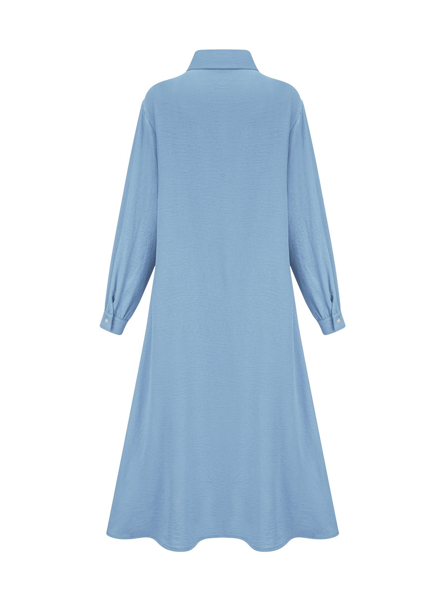 Fashion Women's Pocket Shirt Dress with Chest Gathering, Measured Bust at Back - Blue