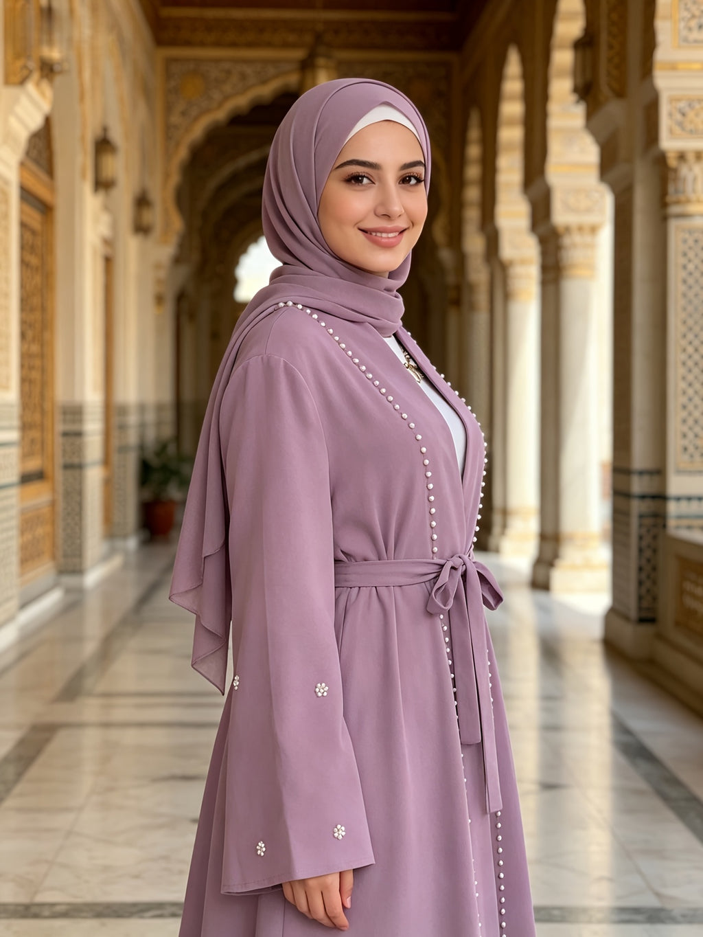 1pc Fashionable, Elegant And Casual, This Pearl-Studded Solid-Colored Abaya Cardigan Is Perfect for Everyday Wear. It Is Loose And Comfortable for Women. Muslim Women Clothes Abayas for Women Muslim Long Frocks for Women Jebba Tunisienne Femme - Light Purple