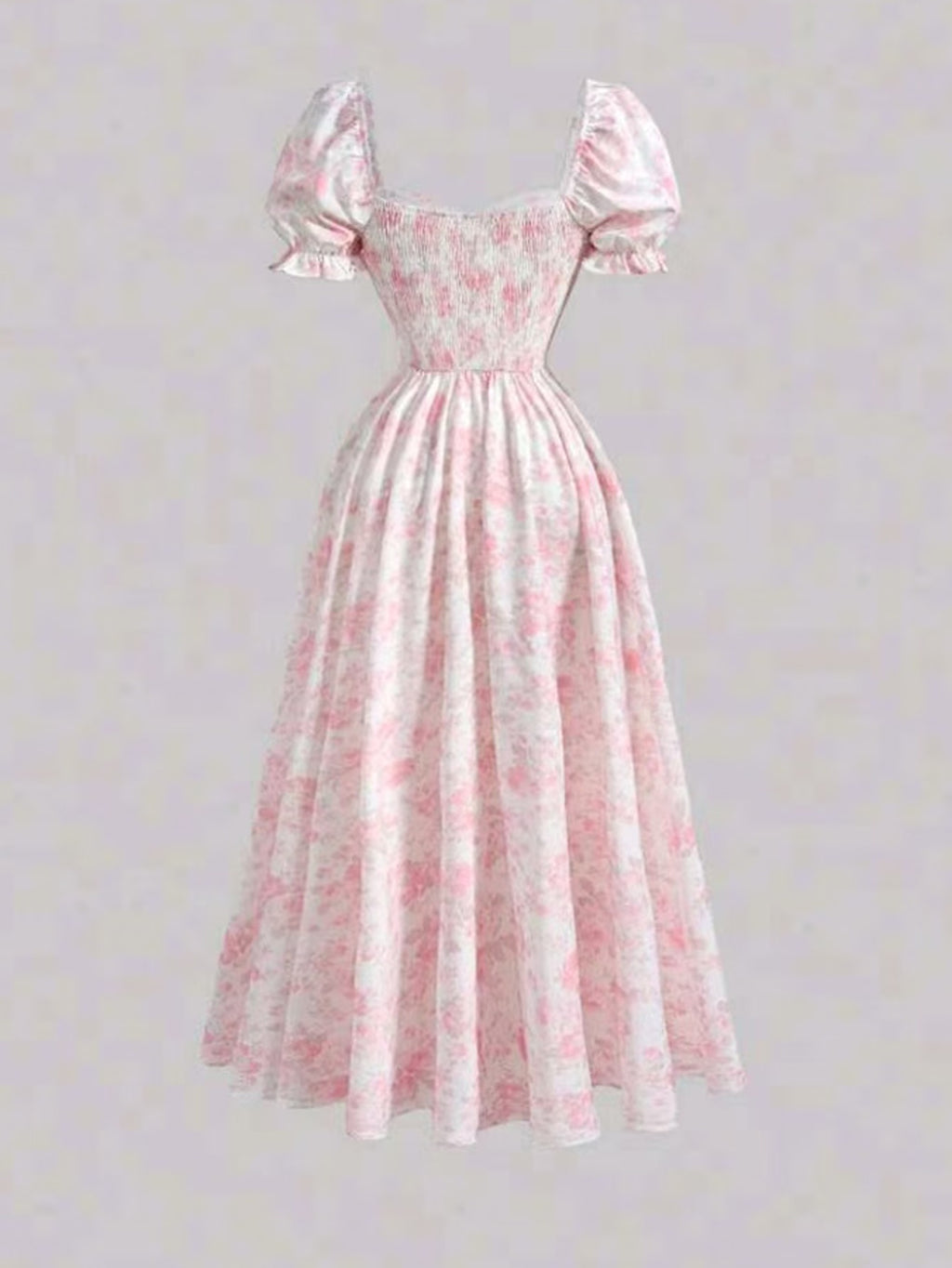 Ladies' New Spring And Summer Elegant Floral Print Long Dress, Bubble Sleeve Design, Front Waist Tie, Back Waist Shirred Waist, Elegant And Flowing, Romantic Long Dress, Suitable for Daily Wear, Party Gatherings, Vacation Holidays - Pink Color