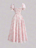 Ladies' New Spring And Summer Elegant Floral Print Long Dress, Bubble Sleeve Design, Front Waist Tie, Back Waist Shirred Waist, Elegant And Flowing, Romantic Long Dress, Suitable for Daily Wear, Party Gatherings, Vacation Holidays - Pink Color