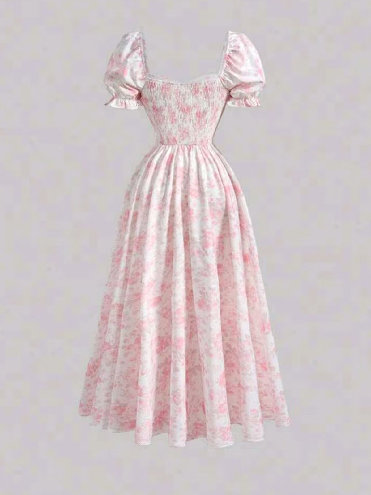 Ladies' New Spring And Summer Elegant Floral Print Long Dress, Bubble Sleeve Design, Front Waist Tie, Back Waist Shirred Waist, Elegant And Flowing, Romantic Long Dress, Suitable for Daily Wear, Party Gatherings, Vacation Holidays - Pink Color