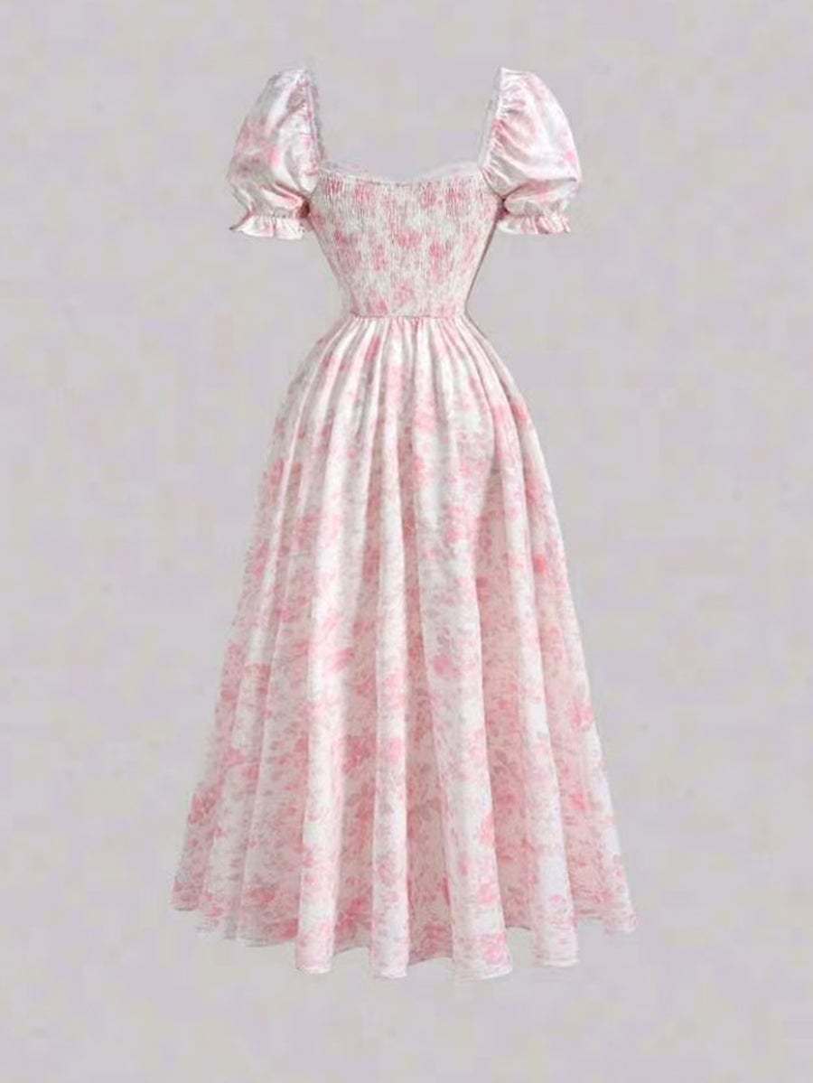 Ladies' New Spring And Summer Elegant Floral Print Long Dress, Bubble Sleeve Design, Front Waist Tie, Back Waist Shirred Waist, Elegant And Flowing, Romantic Long Dress, Suitable for Daily Wear, Party Gatherings, Vacation Holidays - Pink Color