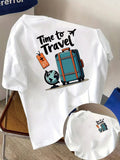 Time to Travel, Suitcase Print T-Shirt Short Sleeve Crew Neck Casual Top for Summer Spring, Women'S Clothing - White