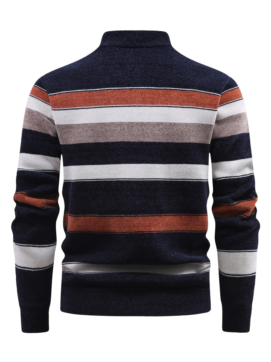 Autumn And Winter Men'S Sweater with Fleece, Half-Zipper Collar, Contrasting Color Stripes, Long-Sleeved Men'S Knit Pullover, Casual And Versatile, Warm Top Suitable for Daily Commuting, Going Out, Shopping - Navy Color