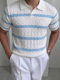 Summer Lapel Short Sleeve Polo Shirt, Men'S Loose American Stretch T-Shirt Style Striped Short Sleeve Knit Sweater, Polo Shirt with Jacquard Design, Soft Texture Fabric, Outdoor Casual Business Breathable Lacrosse Shirt Golf Shirt - White Blue Stripe