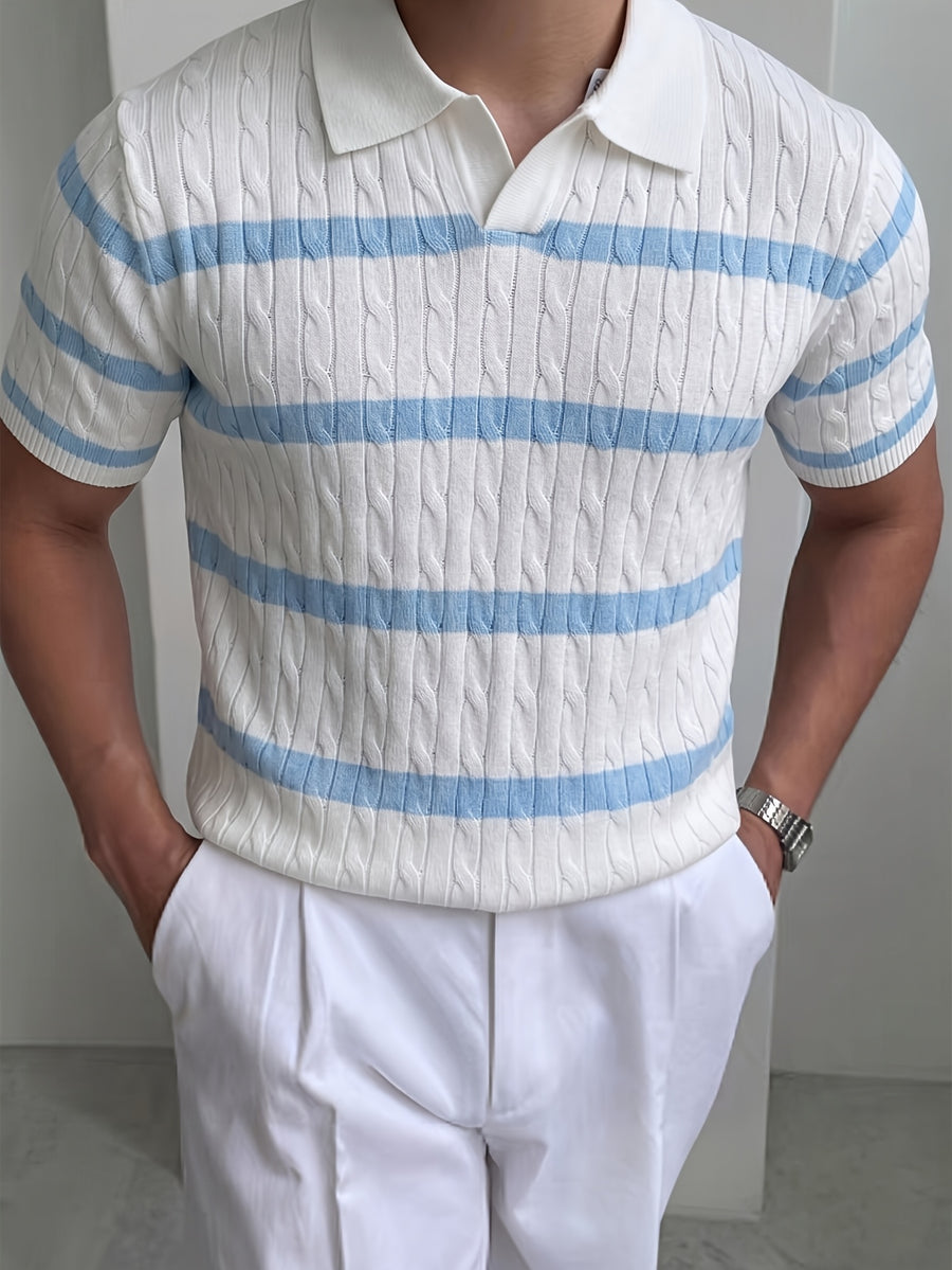 Summer Lapel Short Sleeve Polo Shirt, Men'S Loose American Stretch T-Shirt Style Striped Short Sleeve Knit Sweater, Polo Shirt with Jacquard Design, Soft Texture Fabric, Outdoor Casual Business Breathable Lacrosse Shirt Golf Shirt - White Blue Stripe