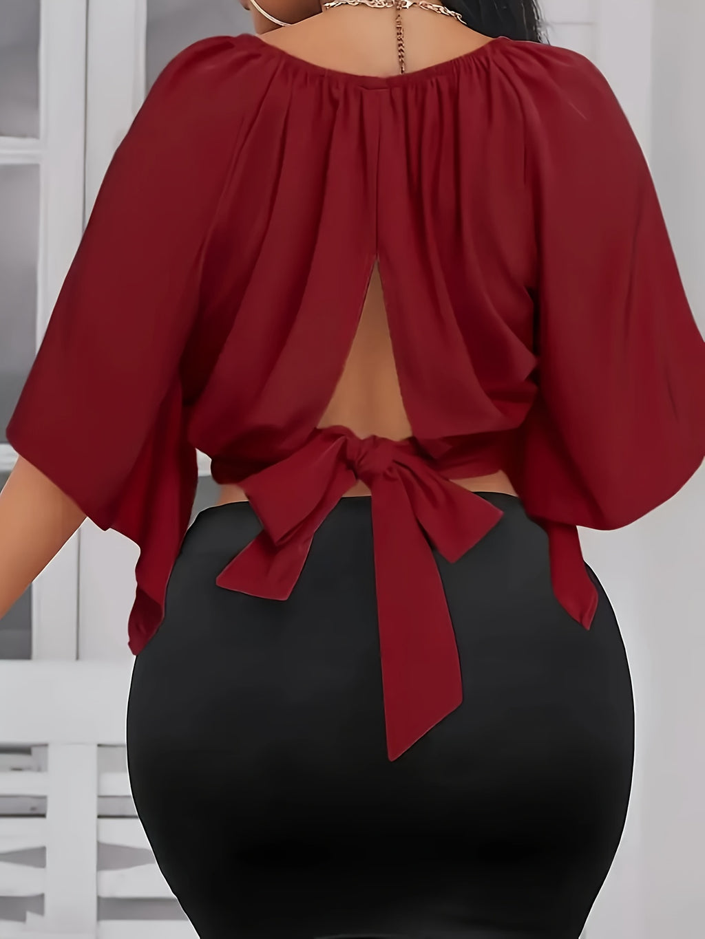 Tie Back Ruched Blouse, Elegant Solid Color Blouse For Spring & Summer, Women's Clothing - Burgundy