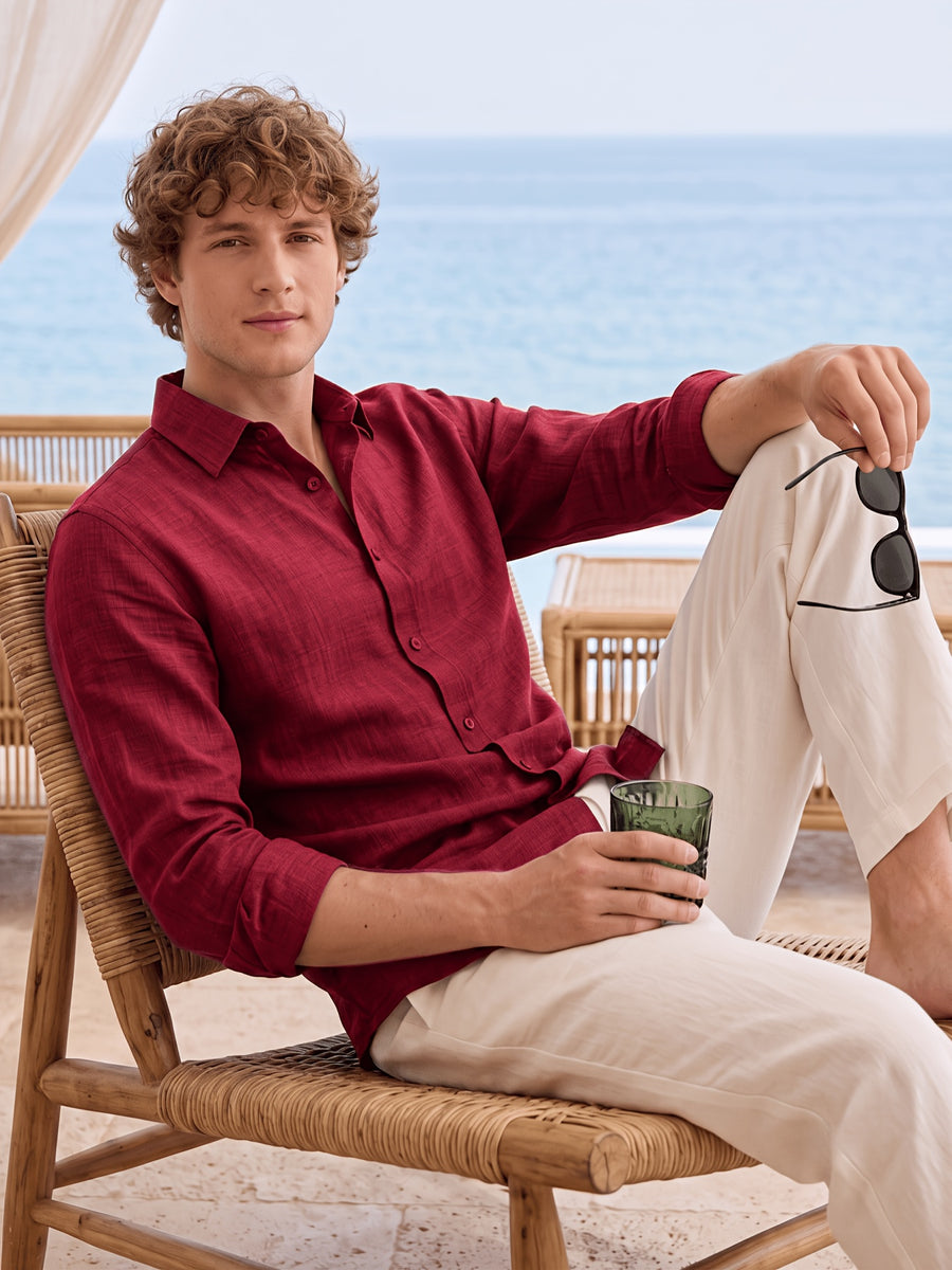 Men'S Anti-Moth Long-Sleeved Square-Neck Shirt, Lightweight And Breathable Solid Color Business-Casual Shirt, Loose-Fitting All-Match Basic Shirt for Spring And Summer Commuting And Vacation. Available in Multiple Colors - Burgundy