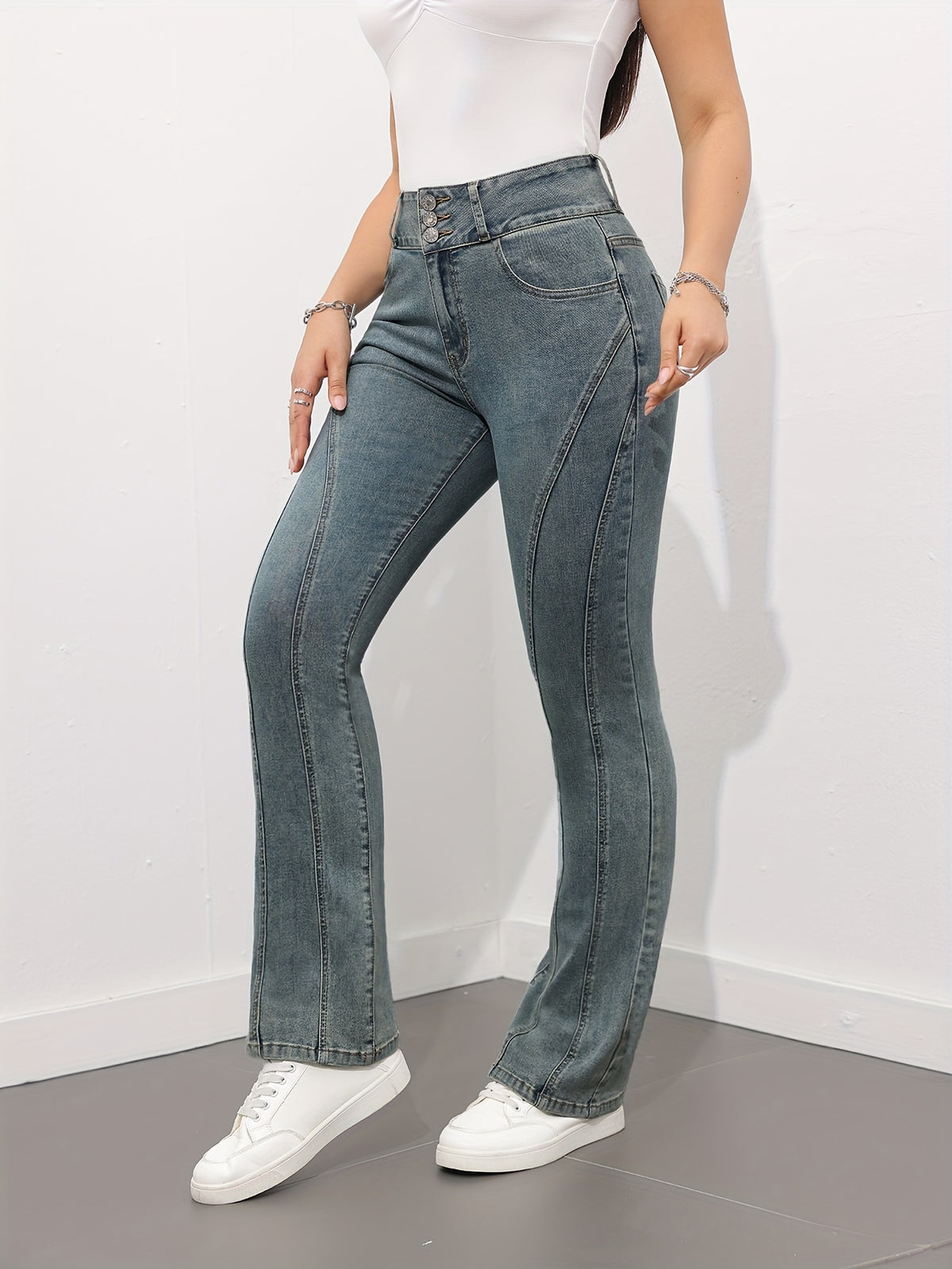 Specially Developed High-Waist Flare Jeans for Women, High Stretch, Distressed, Versatile,, Vintage, Slim-Fit Flared Pants 18327 - Blue