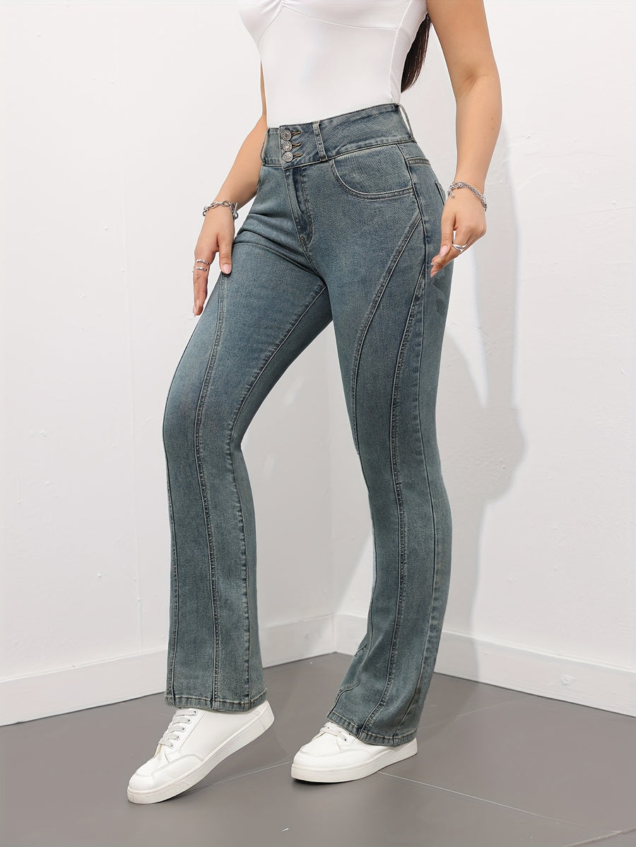 Specially Developed High-Waist Flare Jeans for Women, High Stretch, Distressed, Versatile,, Vintage, Slim-Fit Flared Pants 18327 - Blue