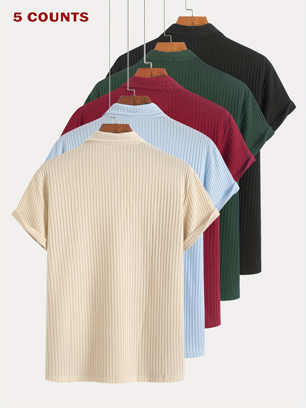 5Pcss Summer Casual Athletic Jacquard Knit Short Sleeve Polo Shirt Set, Textured Short Sleeve Polo Top 5Pcss Pc - Mixed colors