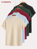 5Pcss Summer Casual Athletic Jacquard Knit Short Sleeve Polo Shirt Set, Textured Short Sleeve Polo Top 5Pcss Pc - Mixed colors