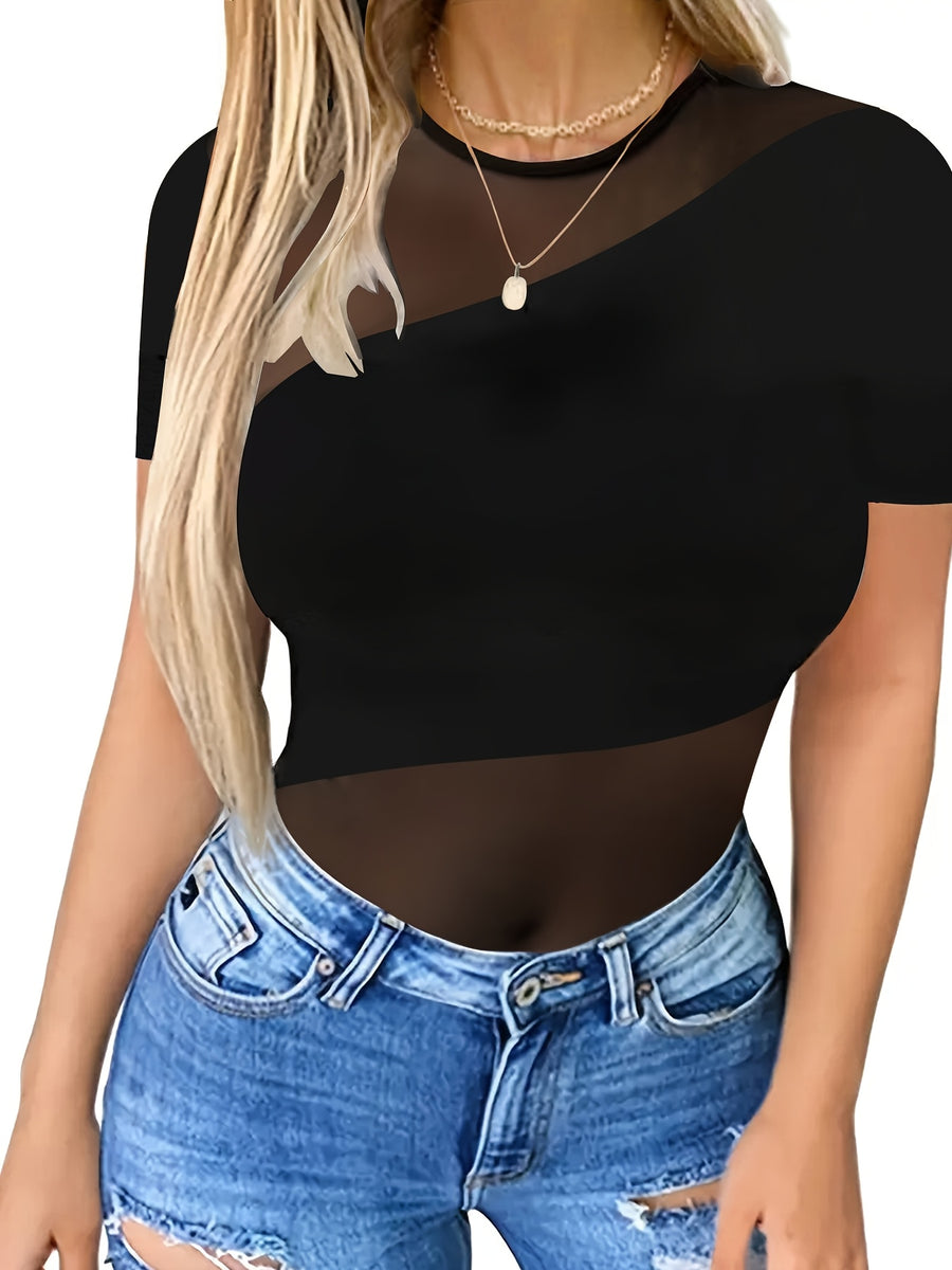Women'S Fitted Top with Lace Panels, Suitable for Layering Or Swimwear - Black