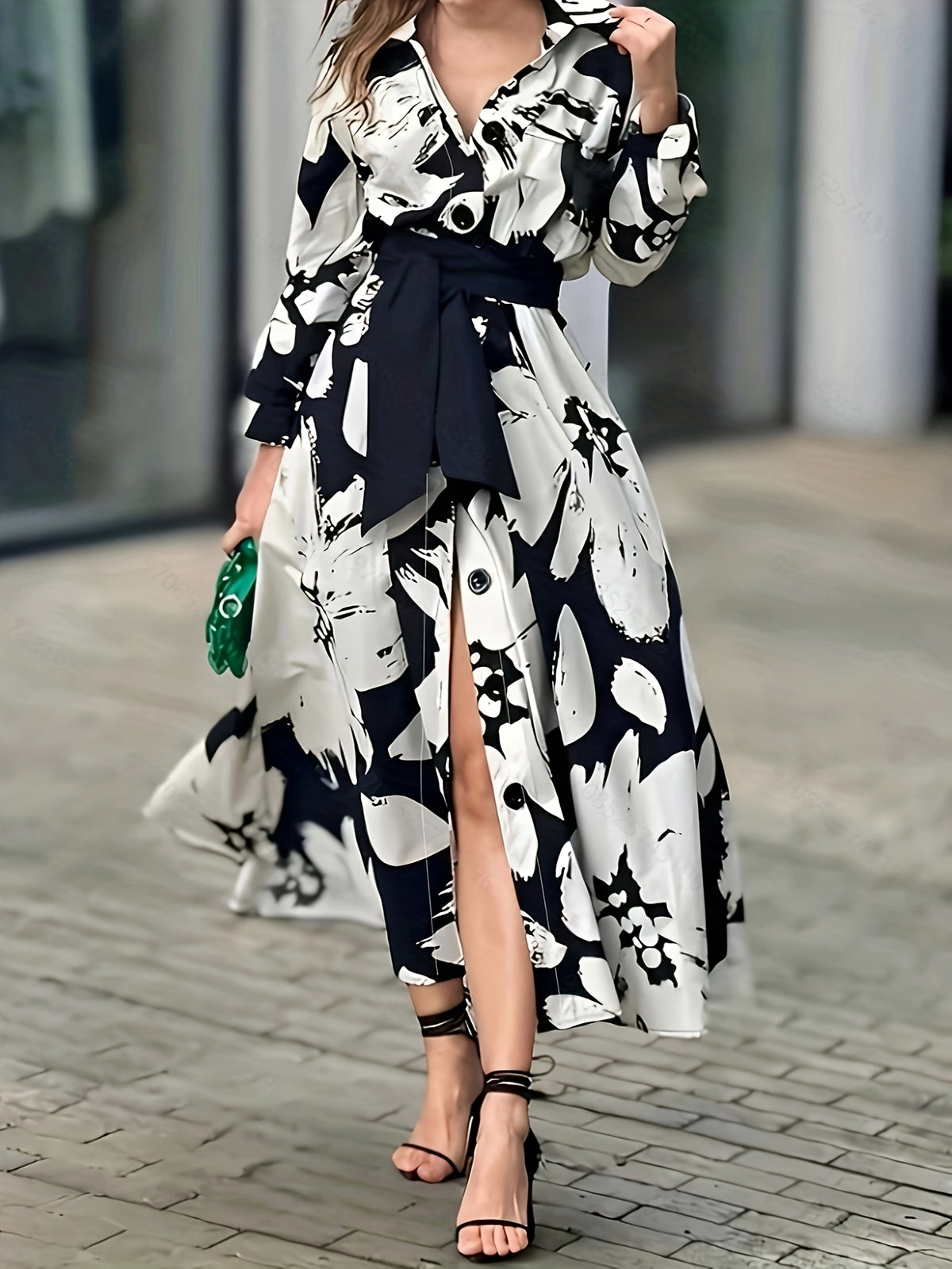A-line Long-sleeve Button-up Contrast Floral Print Tie-waist Lapel Midi Dress - Mixed colors