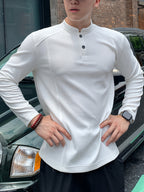 Men'S Casual Sports T-Shirt, Men'S Fashion Trend Splicing Design Stand-Up Collar Long-Sleeved Men'S T-Shirt Men'S Sweatshirt, Loose Fit Textured Fabric, Suitable for Daily Casual Wear - White