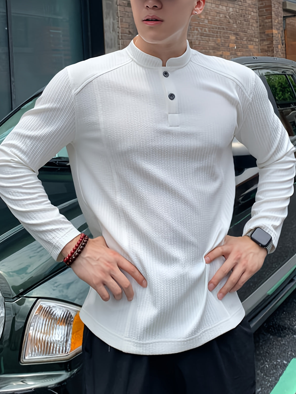 Men'S Casual Sports T-Shirt, Men'S Fashion Trend Splicing Design Stand-Up Collar Long-Sleeved Men'S T-Shirt Men'S Sweatshirt, Loose Fit Textured Fabric, Suitable for Daily Casual Wear - White