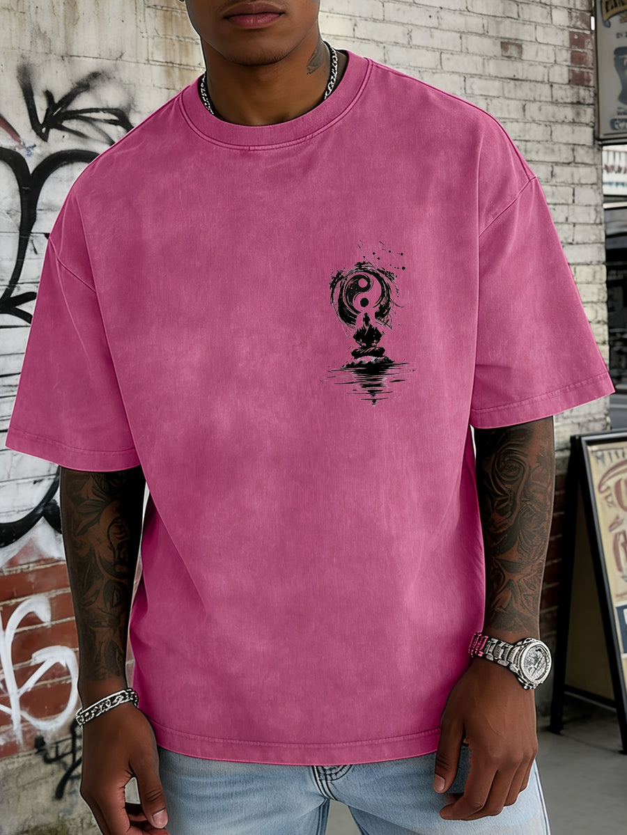 Washed and Distressed Pure Cotton Short-sleeve T-shirt with Trendy Double-sided Print Featuring Tai Chi, Zen, and Meditating Ink Wash Art. Available in 12 Colors for Mix-and-match Styling. Loose-fit Men's Top in High Street Y2K Style - Rose Red