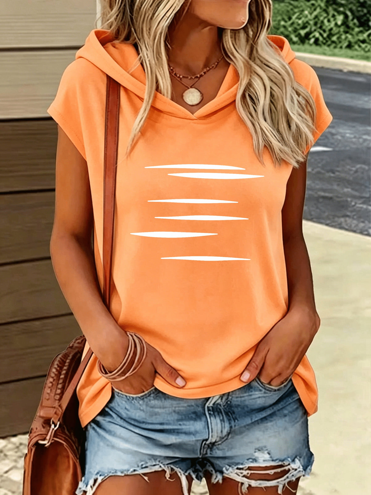 1pc Hooded Top Easy Line Design Casual All-Match Style Summer New Y2K Style Women'S Casual Athletic Wear Elegant Fashion Comfortable T-Shirt Top - Orange-Red