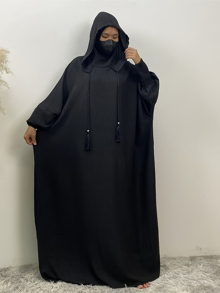 Fashionable Muslim Batwing Sleeve Hooded Abaya Casual Hooded Dress - Black