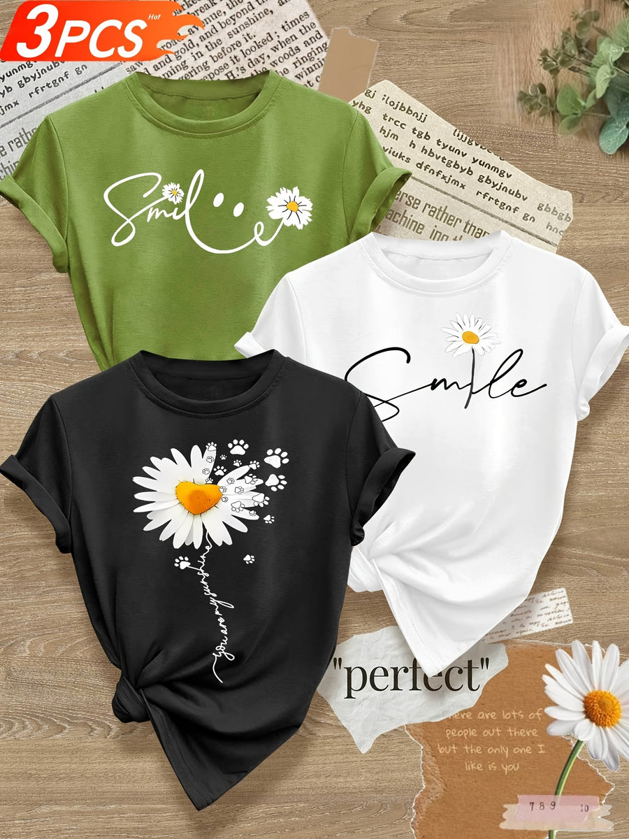 Smiling Letter Small Flower Series 3pcs Mixed Pack, Family Pack, Sisters Pack, Printed Fashion Vintage Style Women's Summer Casual Sporty Style Round Neck Short Sleeve T-Shirt, Multiple Colors Available, Sizes S-XXL - Mixed Color 11