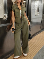 Women's Casual Solid Color Shirt and Pants 2pcs Set, Spring Summer 2pcs Set: Solid Color Button-Up Short Sleeve Top and Pocket Pants, Women's Casual Elegant Spring Summer 2pcs Outfit, Women's Outing and Date Wear, Spring Summer Women's Clothing - Olive Green