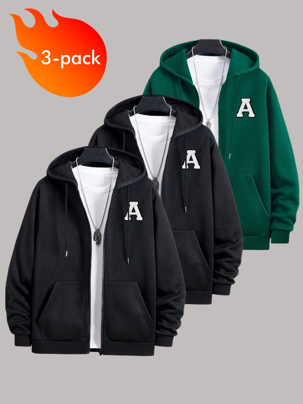 50%, 50% Polyester, 3pcs Men'S Patchwork Warm Fleece Zip-Up Hooded Sweatshirt, Men'S Clothing, Long Sleeve Fleece Jacket, Zip-Up Top, Hooded Sweatshirt, Pockets, Drawstring, Suitable for Outdoor, Casual, Back-To-School Season, Gift for Boyfriend - Black+Black+Dark Green