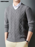 Cartama CRRTMARO Autumn/Winter Knitted 3D Solid Color V-Neck Sweater, Basic Thickened Pullover, Men's Fashion Knitwear Long Sleeve HH - Light Grey
