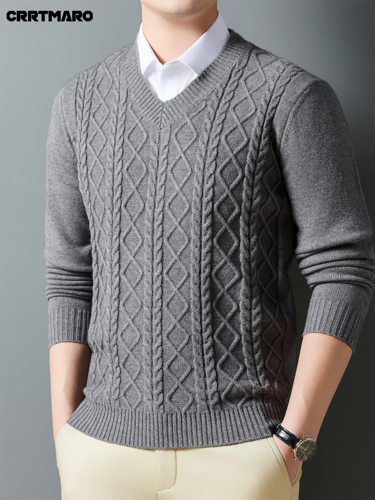 Cartama CRRTMARO Autumn/Winter Knitted 3D Solid Color V-Neck Sweater, Basic Thickened Pullover, Men's Fashion Knitwear Long Sleeve HH - Light Grey
