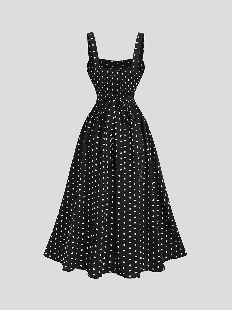 Vintage Elegant Polka Dot Cami Dress, Back Ruched Waist Tie-Up Slim Fit, Date Vacation Daily Commute Outfit, Graduation Season Concert - Black