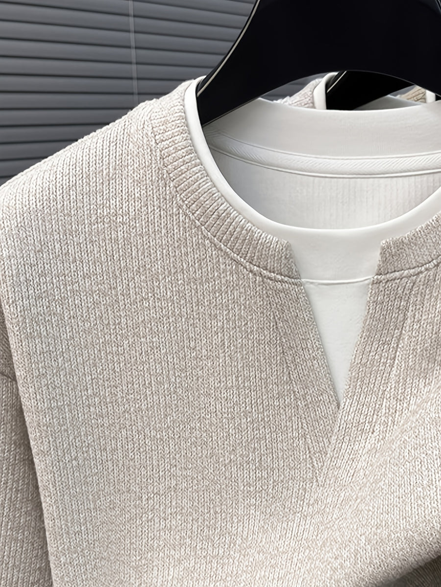 Men's Vertical Stripe V-Neck 2-in-1 Look Long-Sleeve Pullover Top, Regular Shoulder Long Sleeves, Ribbed Cuffs and Hem, Can Be Worn Alone or as a Layering Piece - SINBOS - Off White