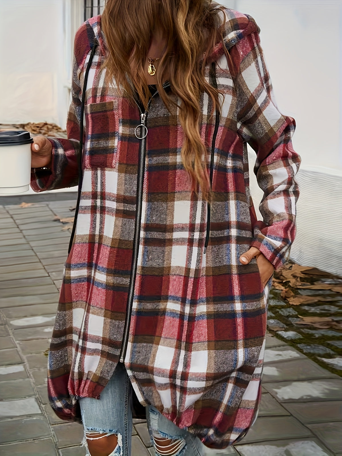Plus Size, 2025 Women's Casual Loose Color Block Long Sleeve Hooded Jacket, Zip-Up Style - Red