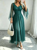 2026 New Light Luxury Shimmering Mesh Long Dress, Women'S V-Neck Waist-Cinching Slimming Flared Skirt, Wedding Bridesmaid Evening Party Gathering Elegant Dress - Malachite Green
