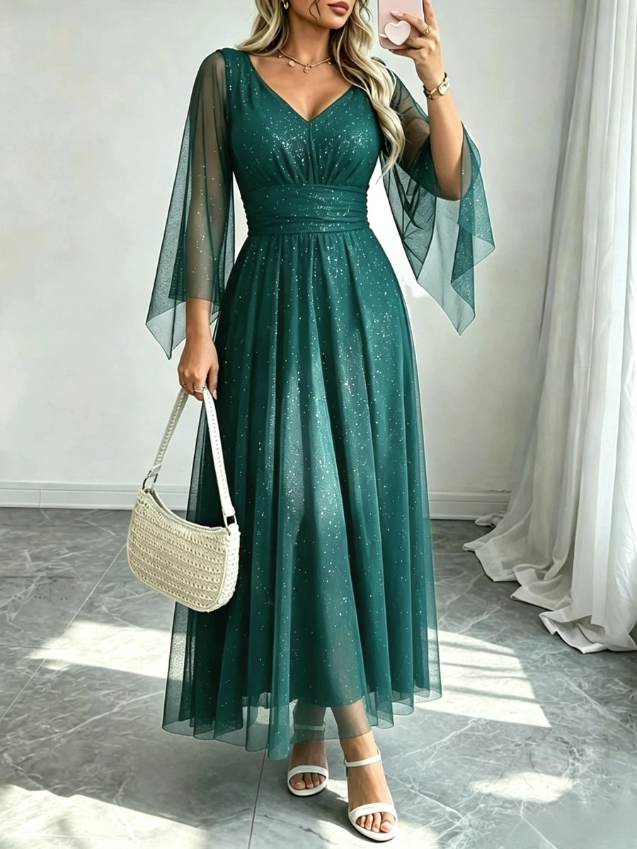 2026 New Light Luxury Shimmering Mesh Long Dress, Women'S V-Neck Waist-Cinching Slimming Flared Skirt, Wedding Bridesmaid Evening Party Gathering Elegant Dress - Malachite Green