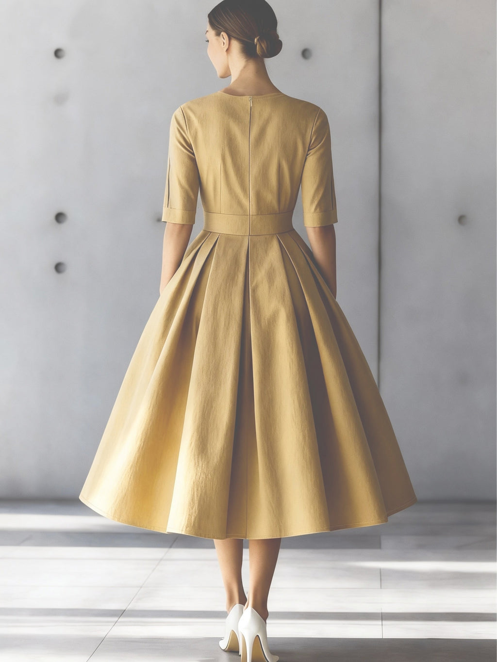 New Elegant Round Neck Mid-Sleeve Waist-Cinched Pleated A-Line Flared Dress for Women, Simple Solid Color Commuting Business Daily Banquet Wedding Guest Temperament Midi Dress - Khaki