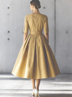 New Elegant Round Neck Mid-Sleeve Waist-Cinched Pleated A-Line Flared Dress for Women, Simple Solid Color Commuting Business Daily Banquet Wedding Guest Temperament Midi Dress - Khaki