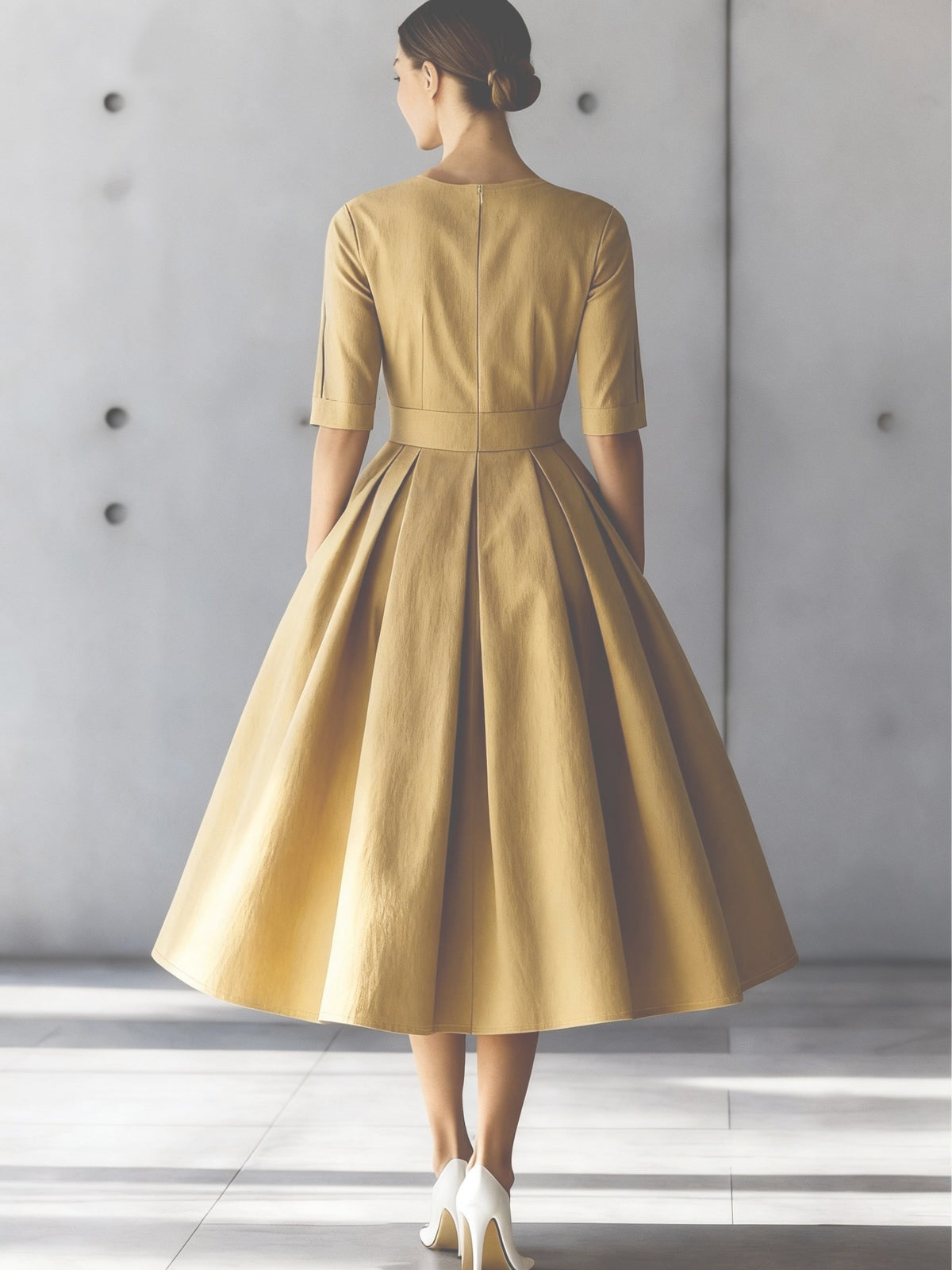 New Elegant Round Neck Mid-Sleeve Waist-Cinched Pleated A-Line Flared Dress for Women, Simple Solid Color Commuting Business Daily Banquet Wedding Guest Temperament Midi Dress - Khaki