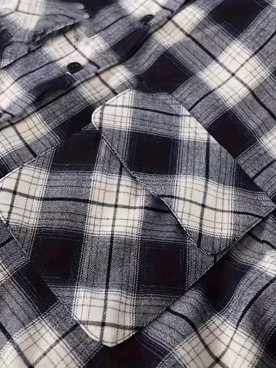 Women's Loose Black and White Plaid Shirt Long Sleeve Casual Commuter Pocket Top Wrinkle-Free Spring Autumn Outerwear - Black And White