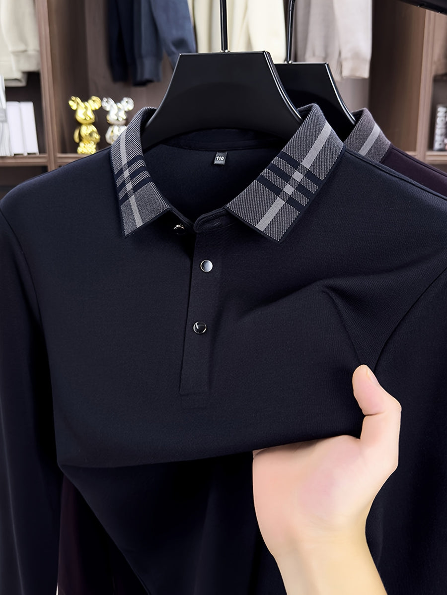 Men'S Plaid Lapel Long Sleeve Polo Shirt, Plaid Contrast Collar Design Middle-Aged Business Casual Navy Purple Optional Top - Navy