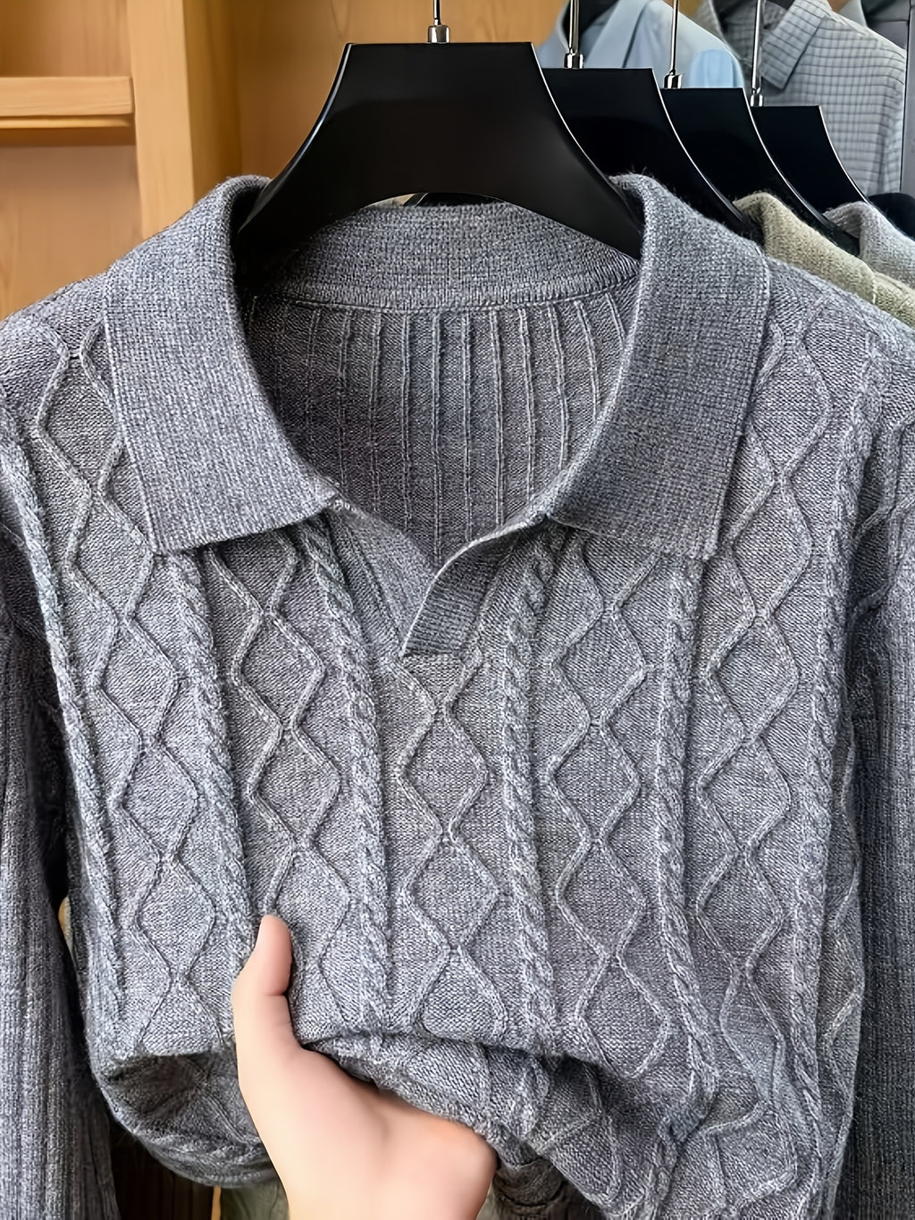 Men's Autumn/Winter Lapel Sweater Vintage Long-Sleeve Pullover Base Layer - Dark Gray