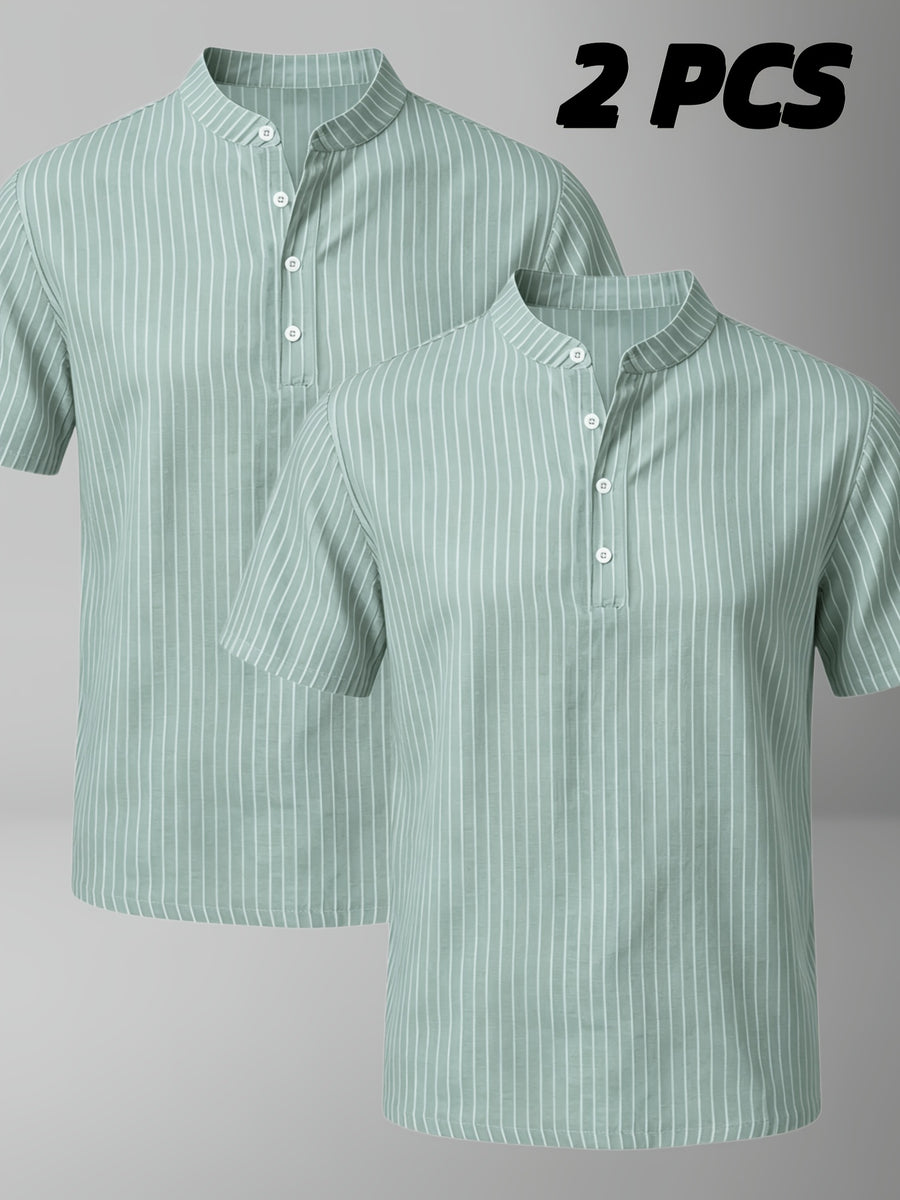 Josh Rose OBM 2pcs Men's Henley Shirts, Men's Summer Short Sleeve Regular Fit, Lightweight and Breathable, 95% Linen, Solid and Striped in Black and White, Features 4 Buttons, Suitable for Summer Daily Work, Casual, and Vacation Occasions - Green+green